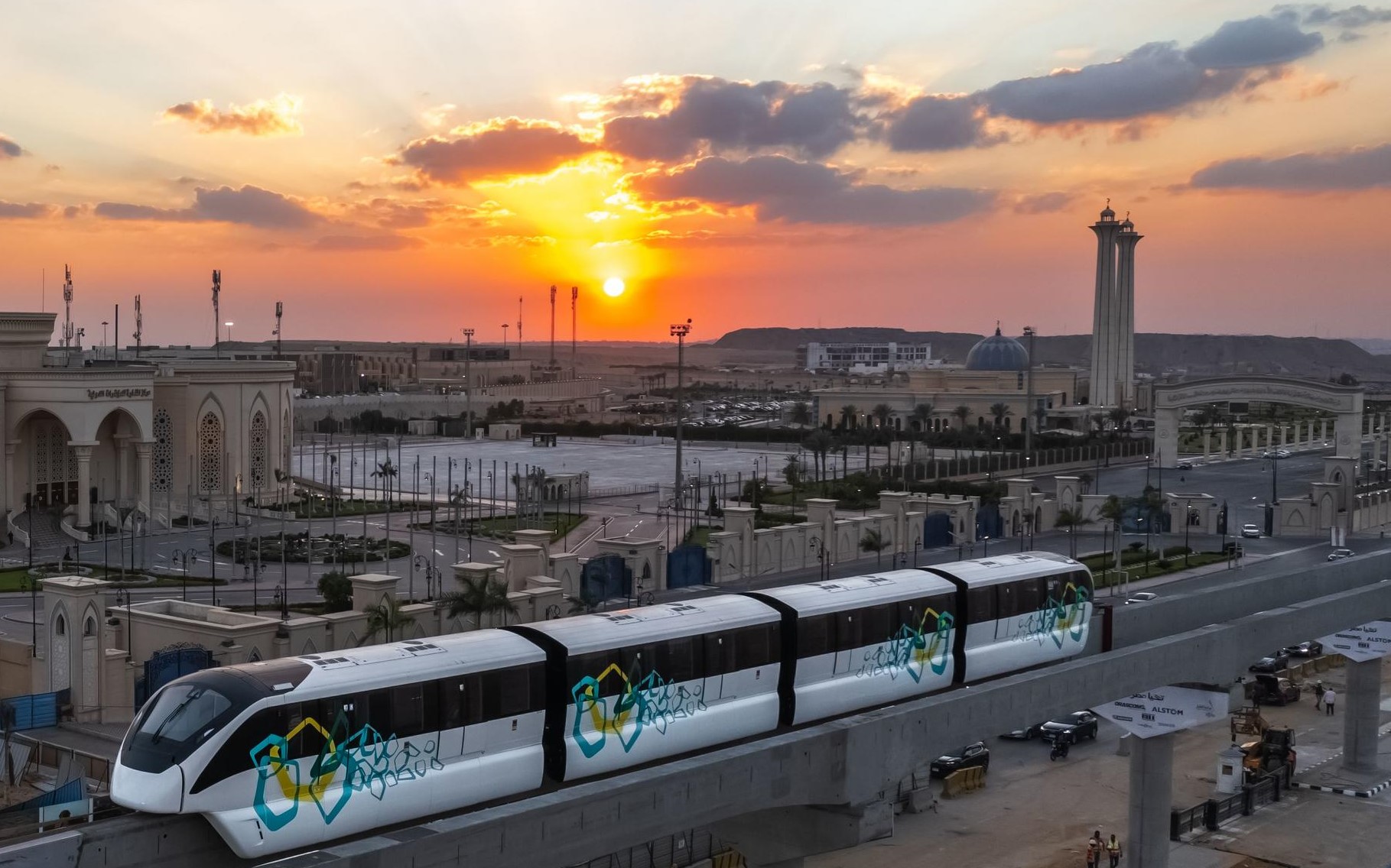 Modern train in Egypt at sunset